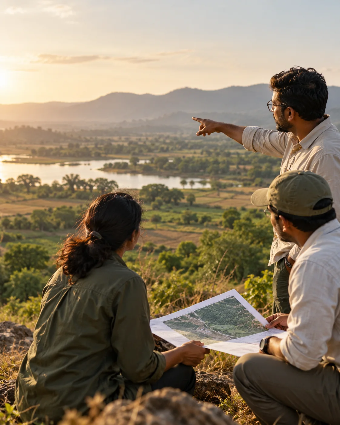Climate and nature professionals discussing a project in an outdoor Indian landscape