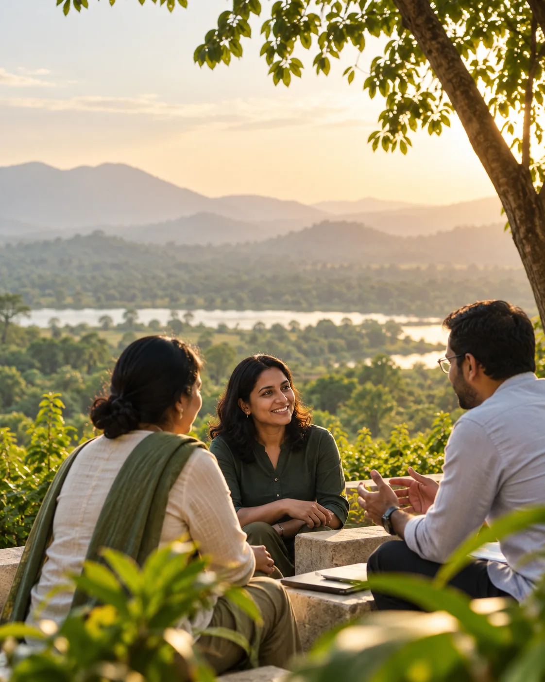 Collaborative conversation in a scenic outdoor setting