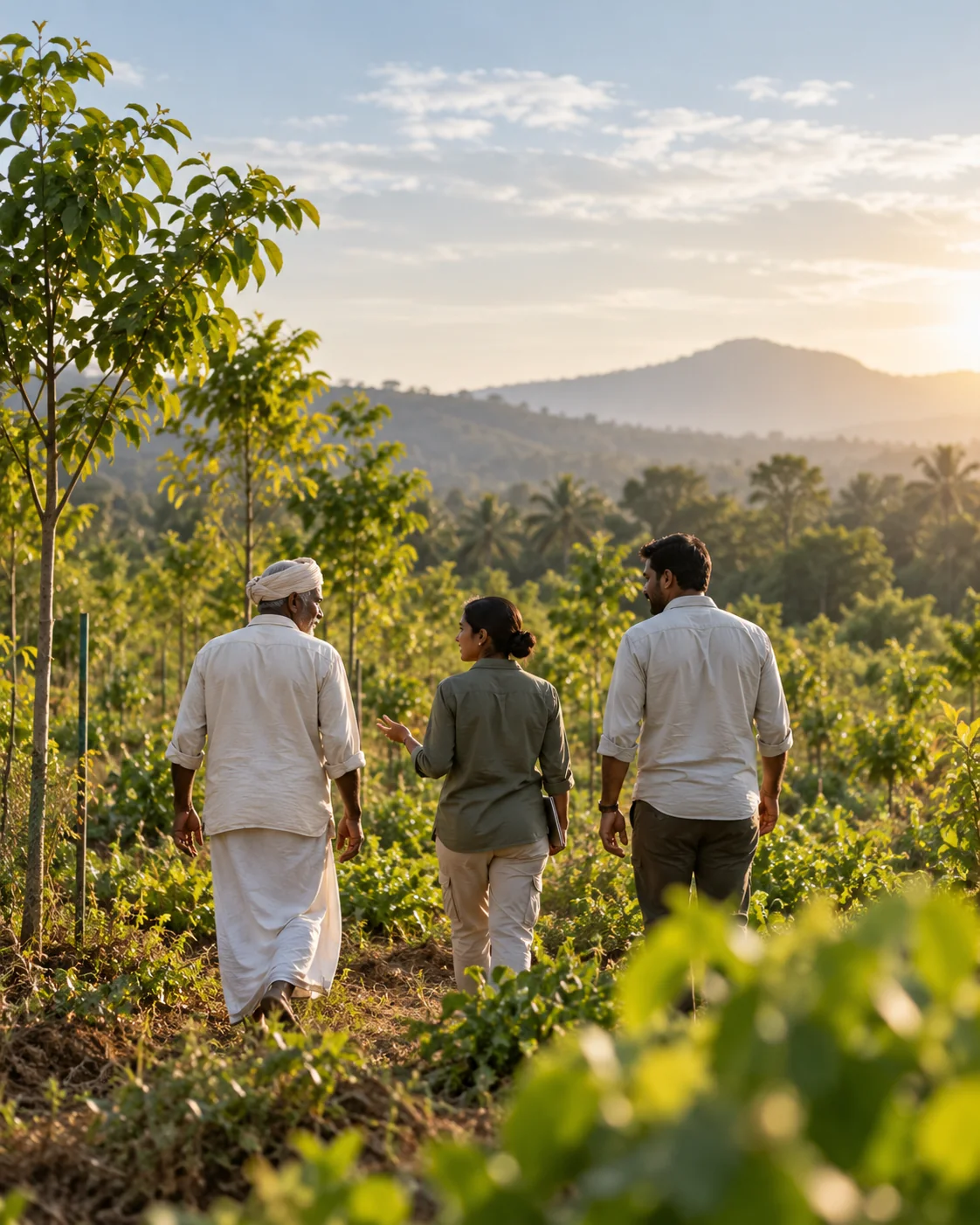 Project partners walking through an agroforestry site in India