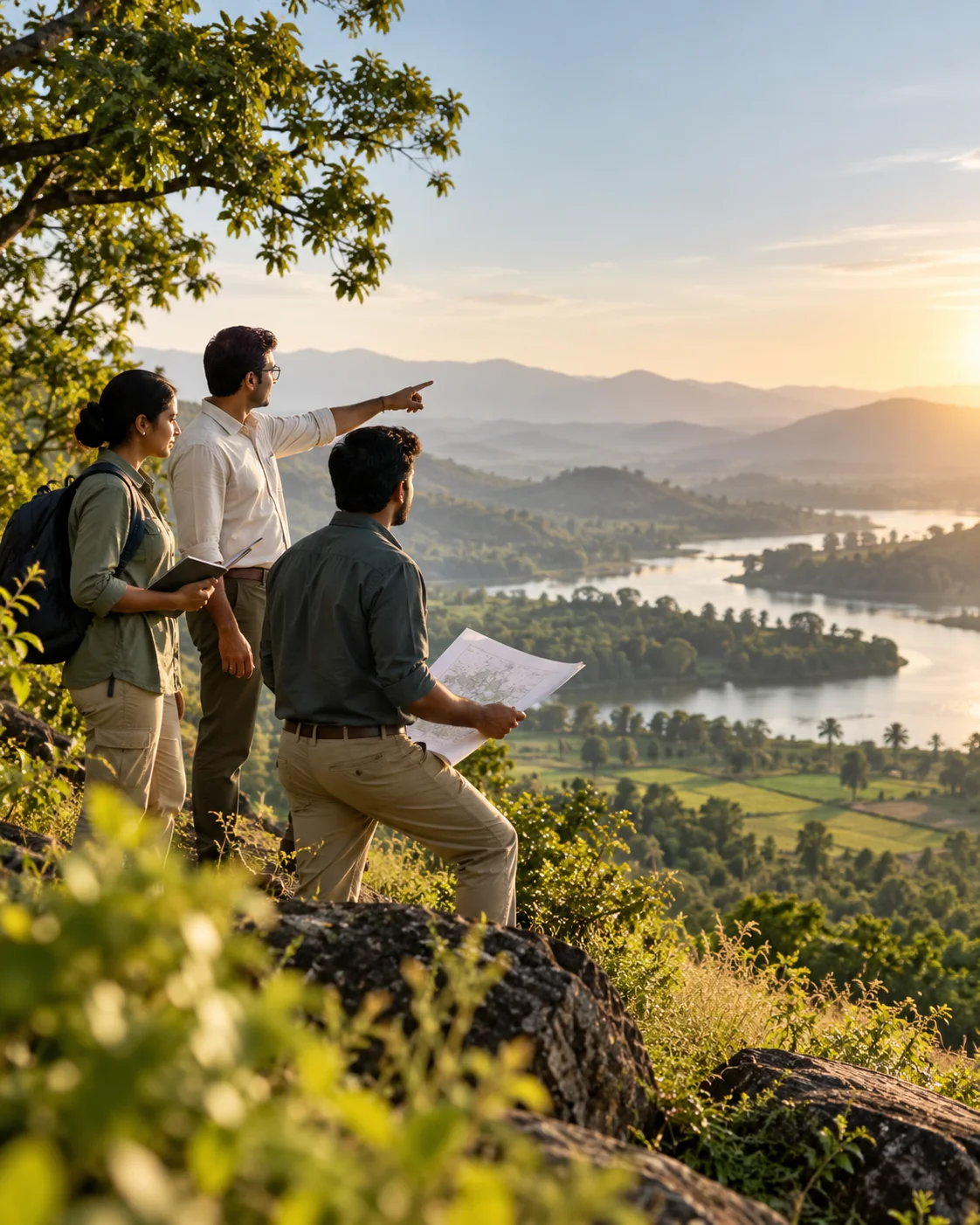 Field team overlooking a nature and climate landscape in India