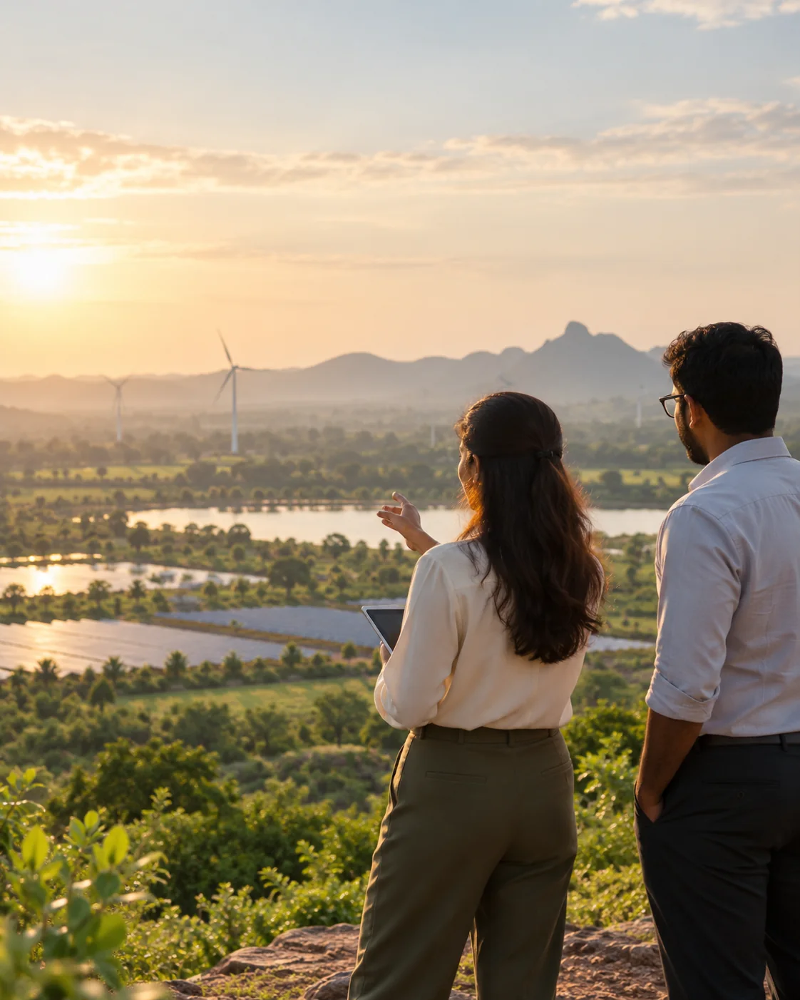 Professionals overlooking a climate and nature project landscape at sunset