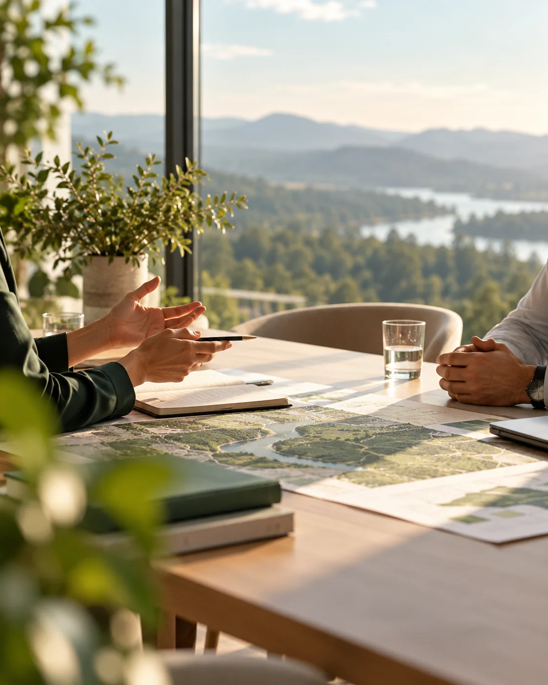 Professional sustainability planning meeting with landscape views